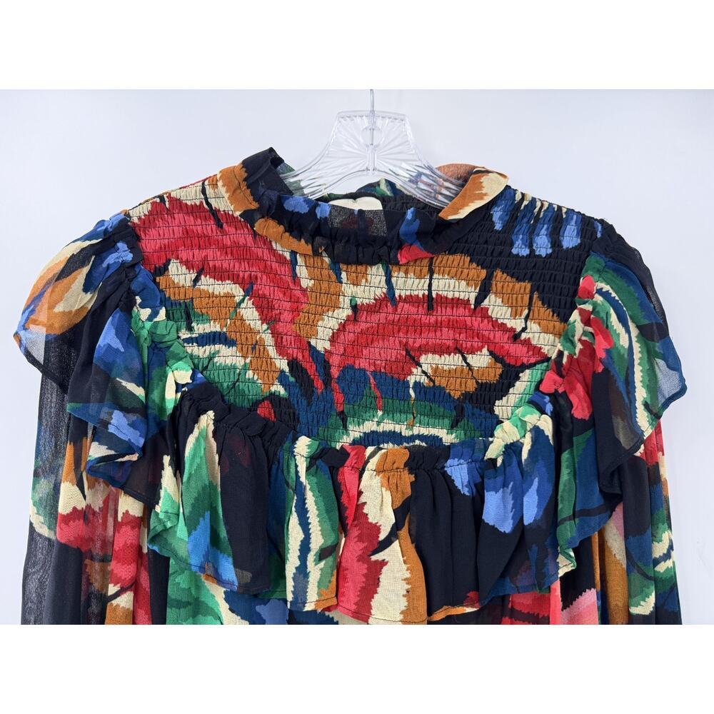 Farm Rio Women's Abstract Multicolor Ruffle Collared Smocked Blouse Size XS - Picture 2 of 11
